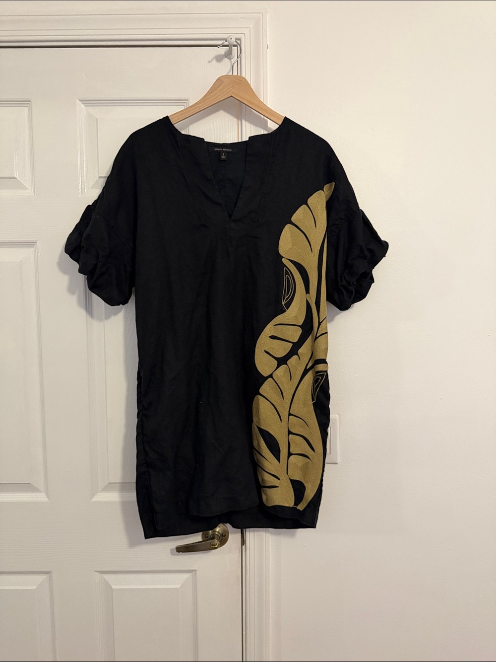 Banana Republic Black Linen Tunic with Gold Leaf Print